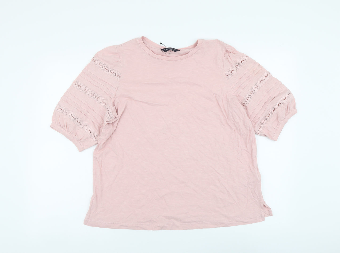Marks and Spencer Womens Pink Cotton Basic T-Shirt Size 14 Round Neck