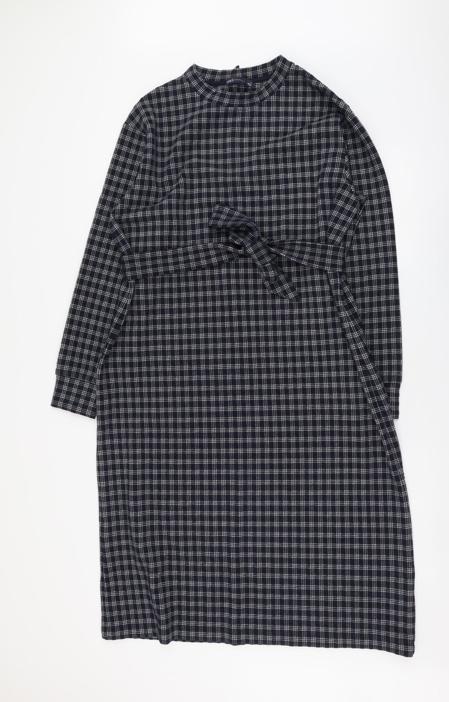 Marks and Spencer Womens Blue Plaid Polyester A-Line Size 16 Round Neck Pullover