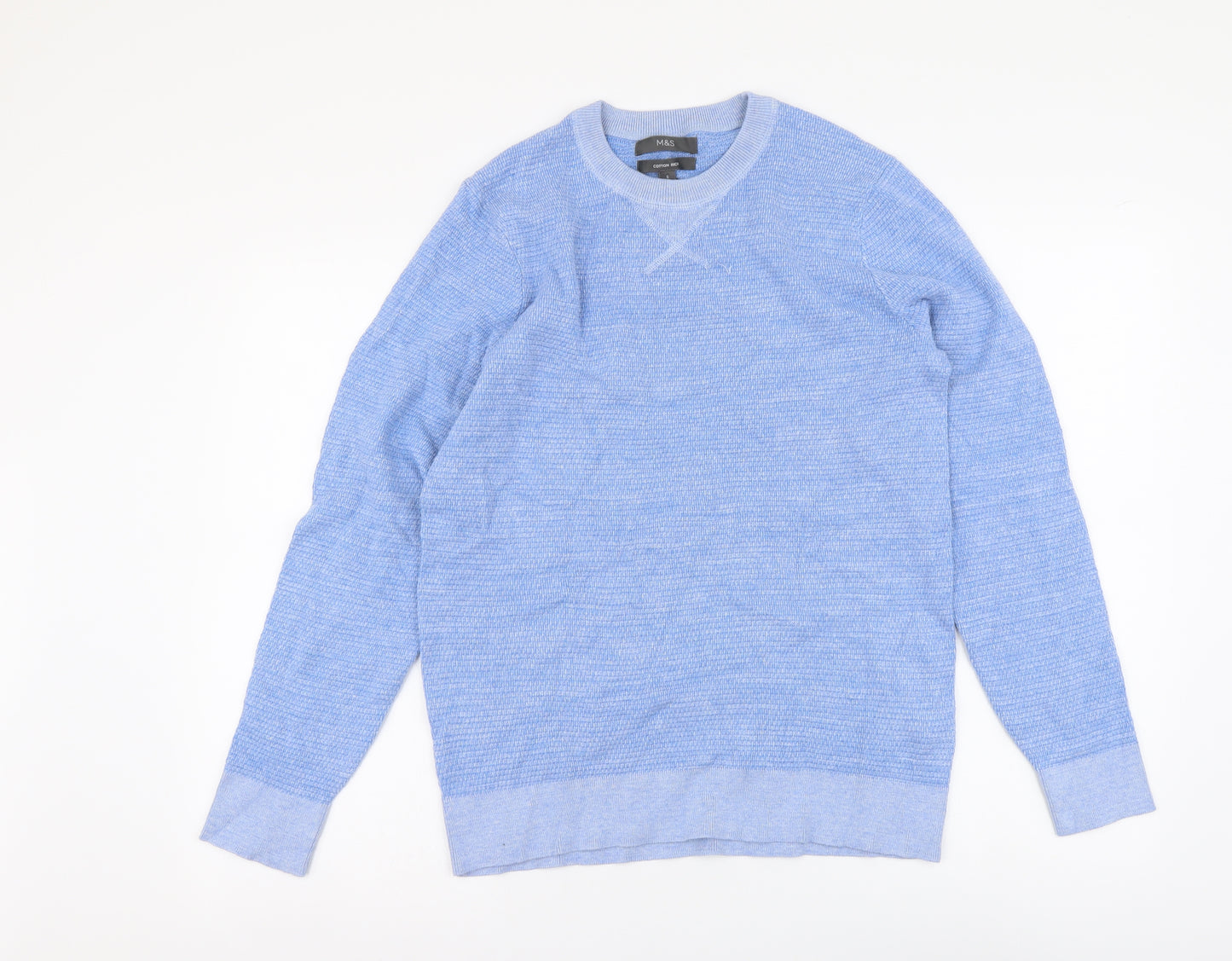 Marks and Spencer Mens Blue Round Neck Cotton Pullover Jumper Size S