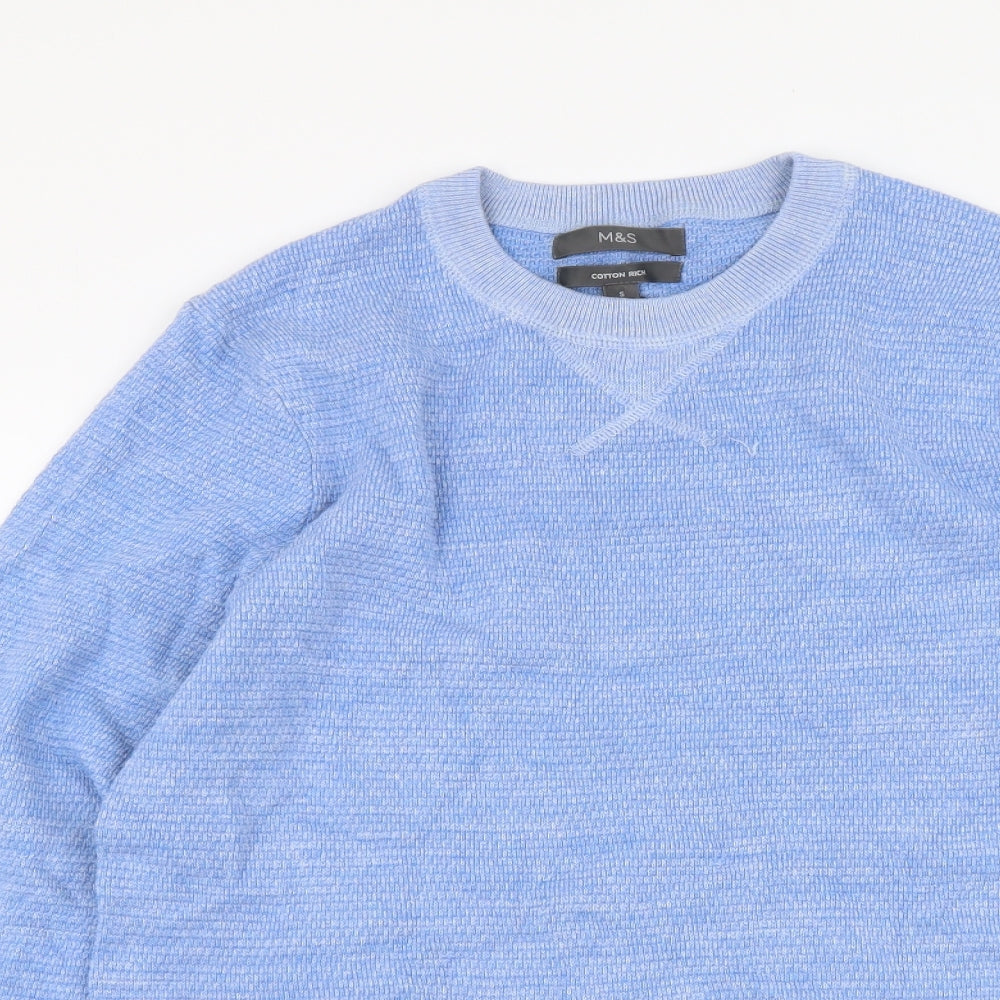 Marks and Spencer Mens Blue Round Neck Cotton Pullover Jumper Size S