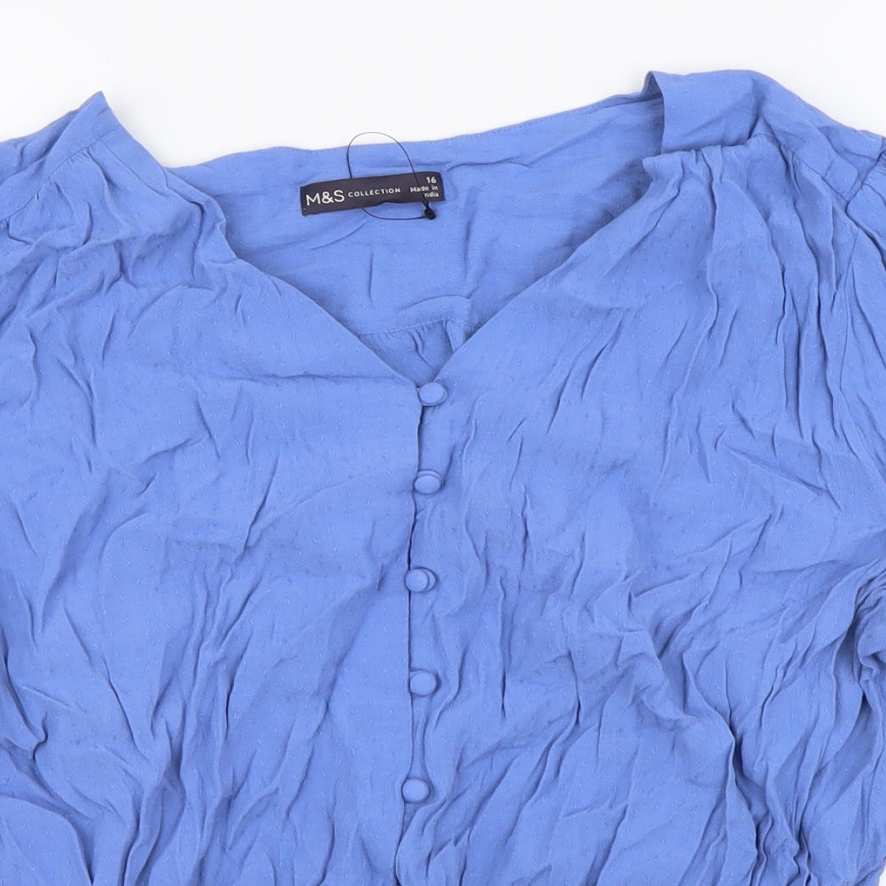 Marks and Spencer Womens Blue Viscose Basic Blouse Size 16 V-Neck