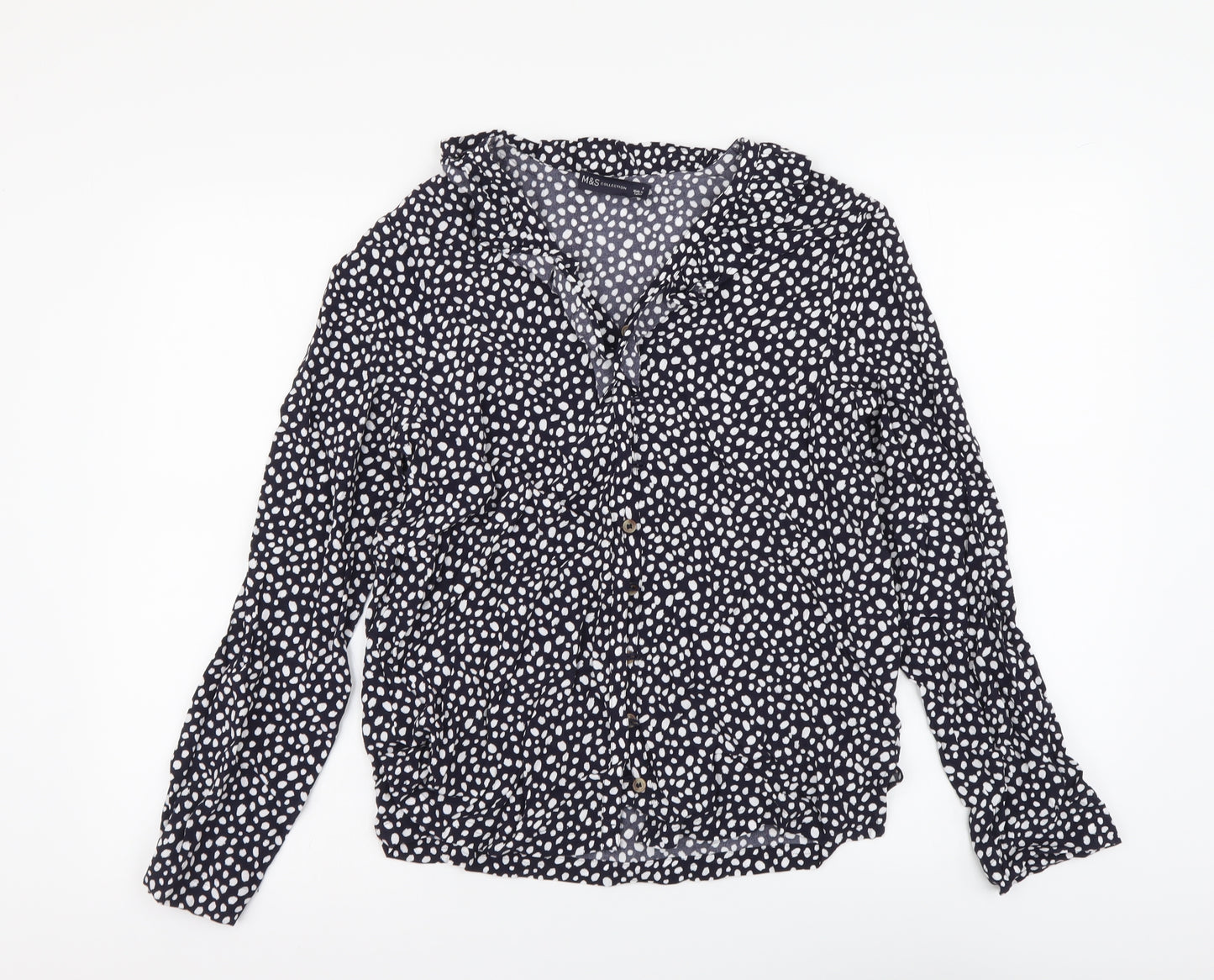 Marks and Spencer Womens Black Geometric Viscose Basic Button-Up Size 8 Round Neck