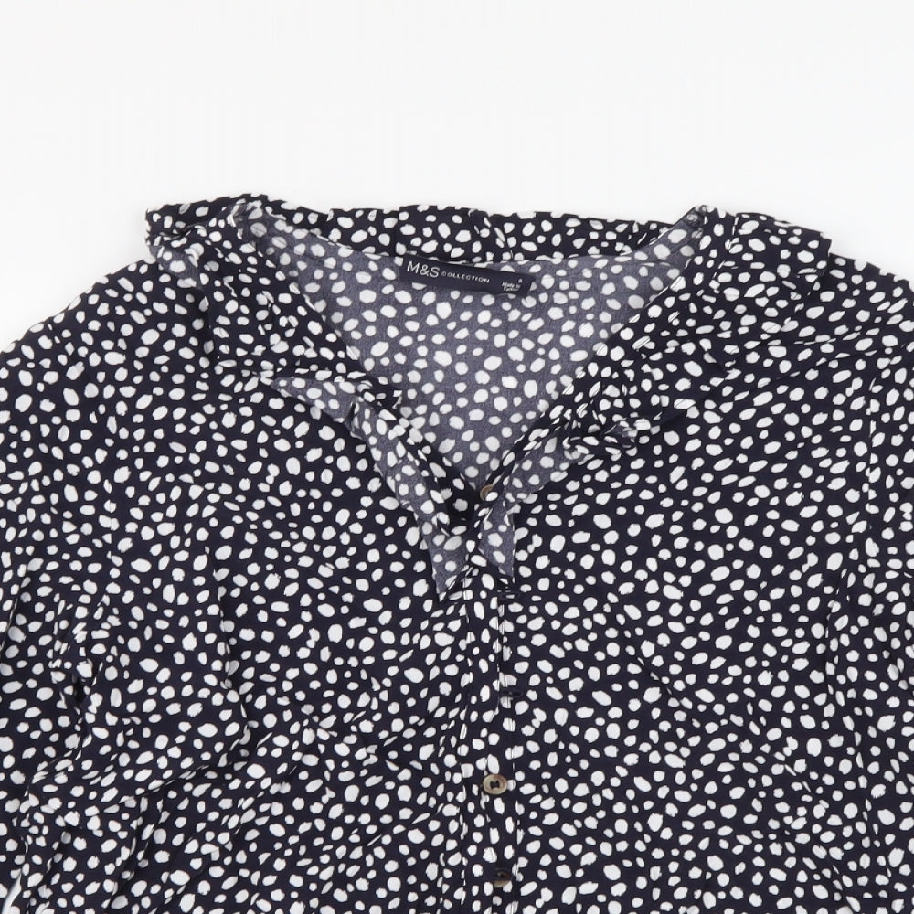 Marks and Spencer Womens Black Geometric Viscose Basic Button-Up Size 8 Round Neck