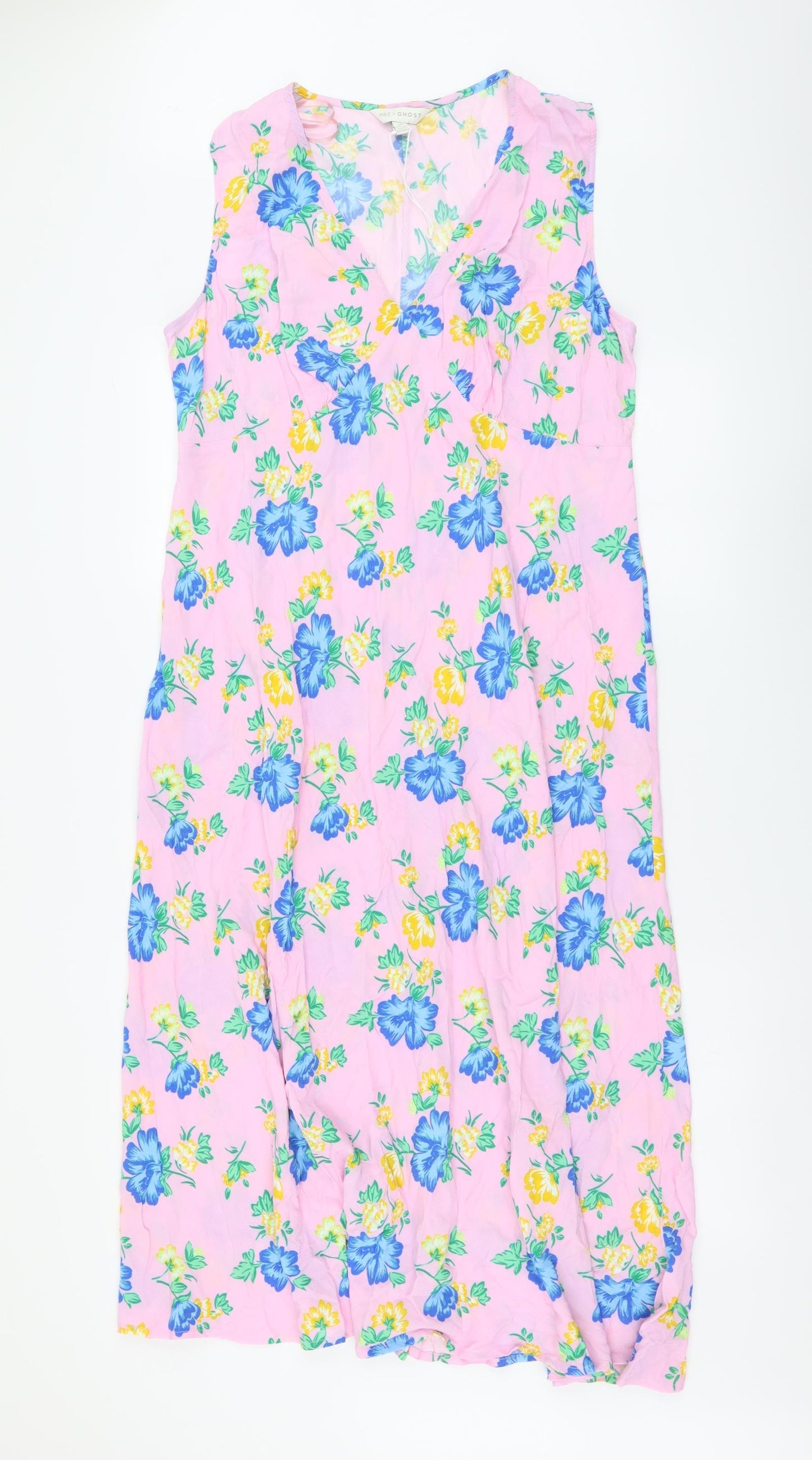 Marks and Spencer Womens Pink Floral Viscose Kaftan Size 18 V-Neck Pullover