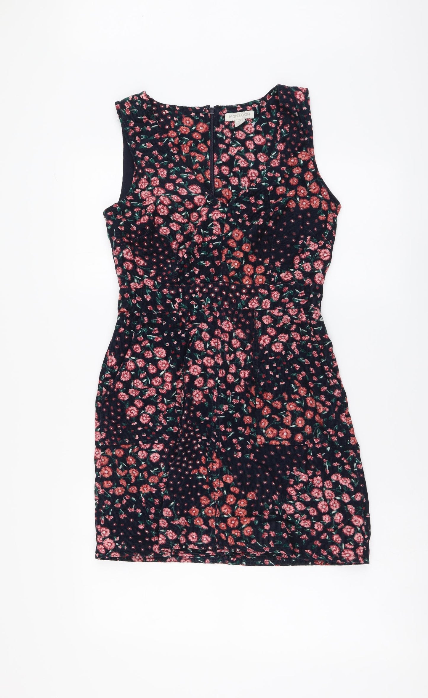 Monsoon Womens Beige Floral Cotton Mini Size 8 V-Neck Zip