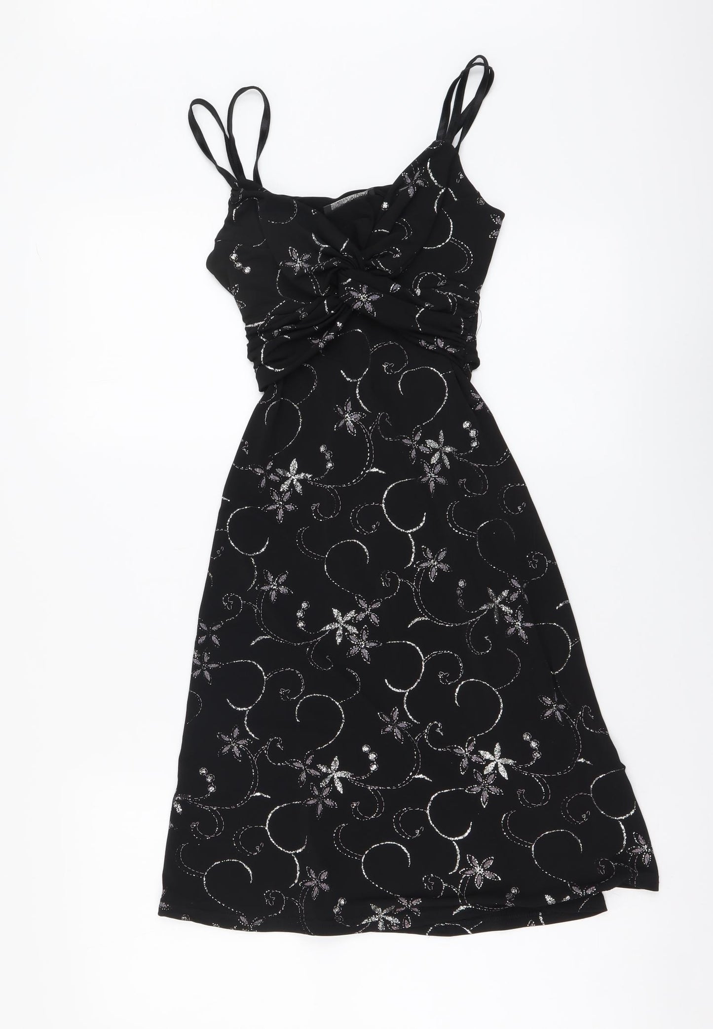 Jane Norman Womens Black Floral Polyester Mini Size 8 V-Neck Pullover