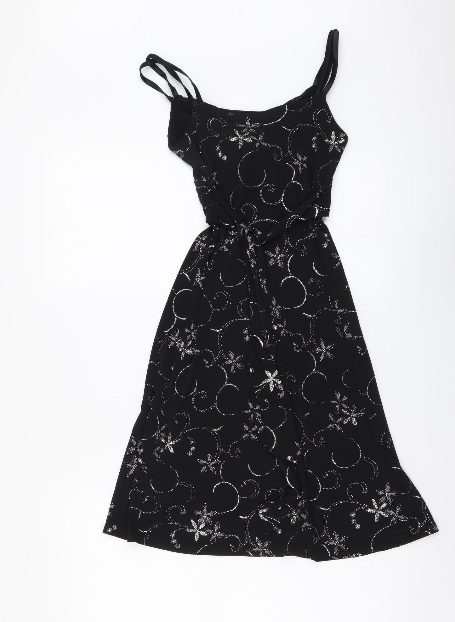 Jane Norman Womens Black Floral Polyester Mini Size 8 V-Neck Pullover