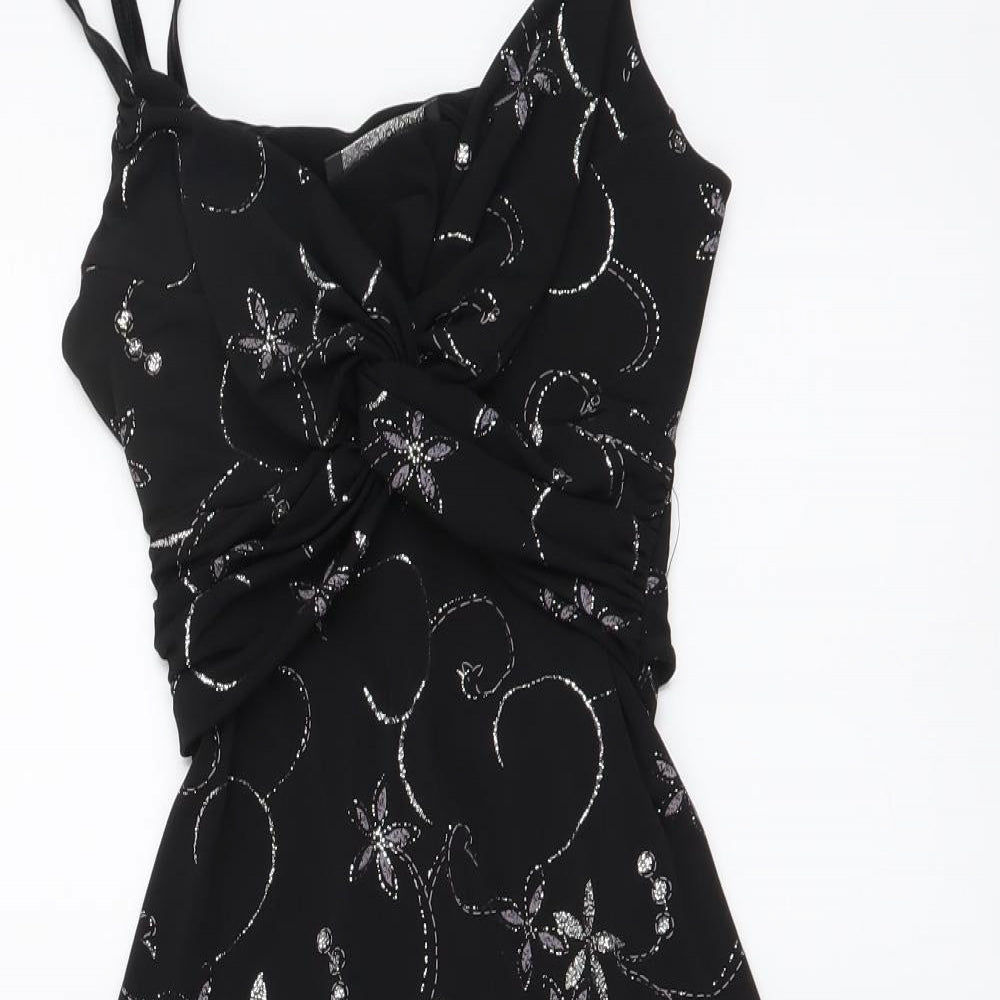Jane Norman Womens Black Floral Polyester Mini Size 8 V-Neck Pullover