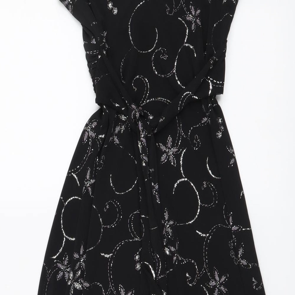 Jane Norman Womens Black Floral Polyester Mini Size 8 V-Neck Pullover
