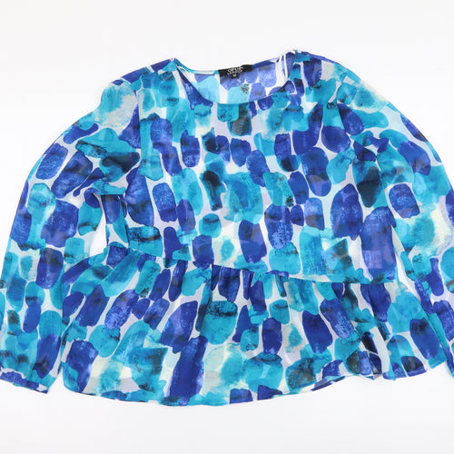 OPUS Womens Blue Geometric Polyester Basic Blouse Size 10 Round Neck