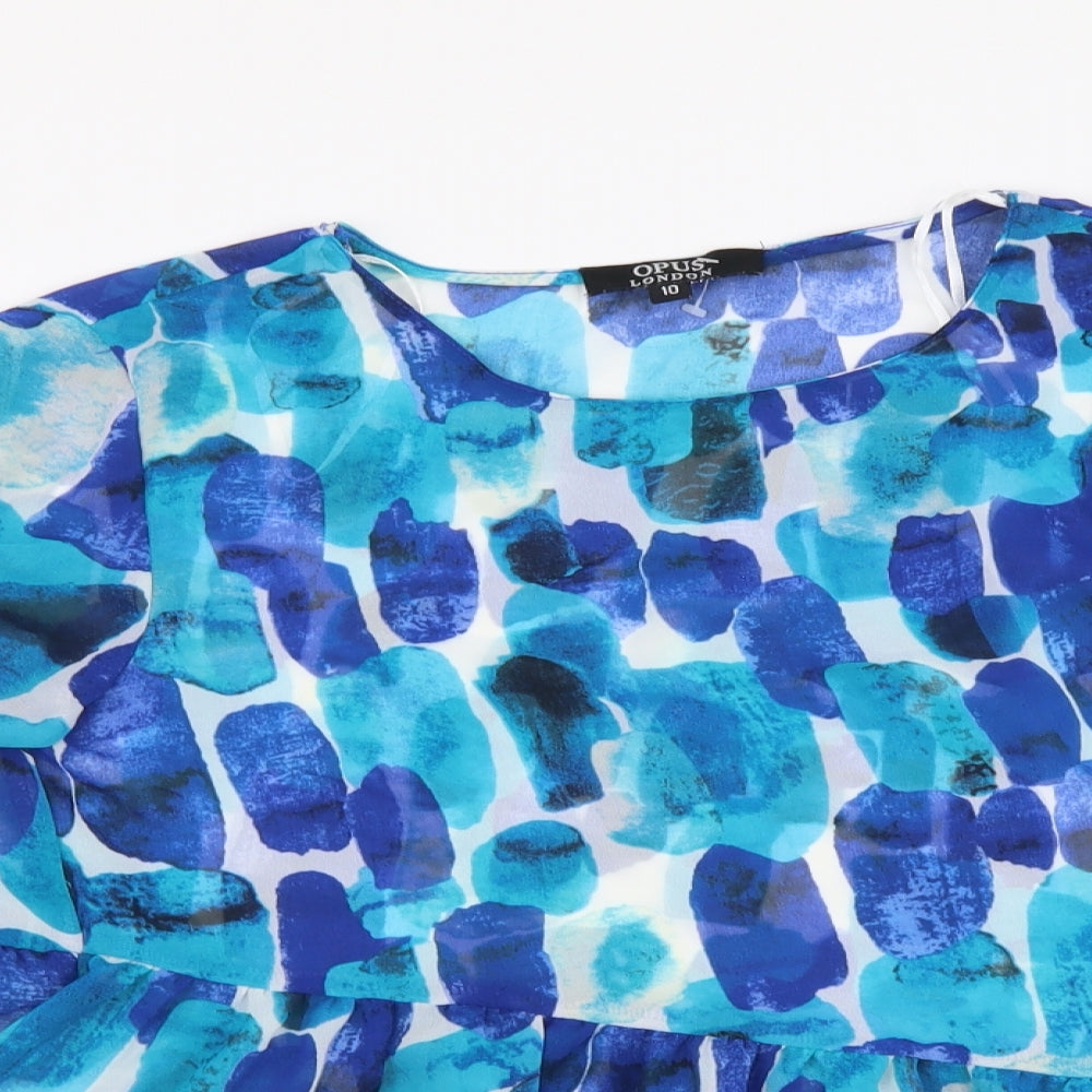 OPUS Womens Blue Geometric Polyester Basic Blouse Size 10 Round Neck