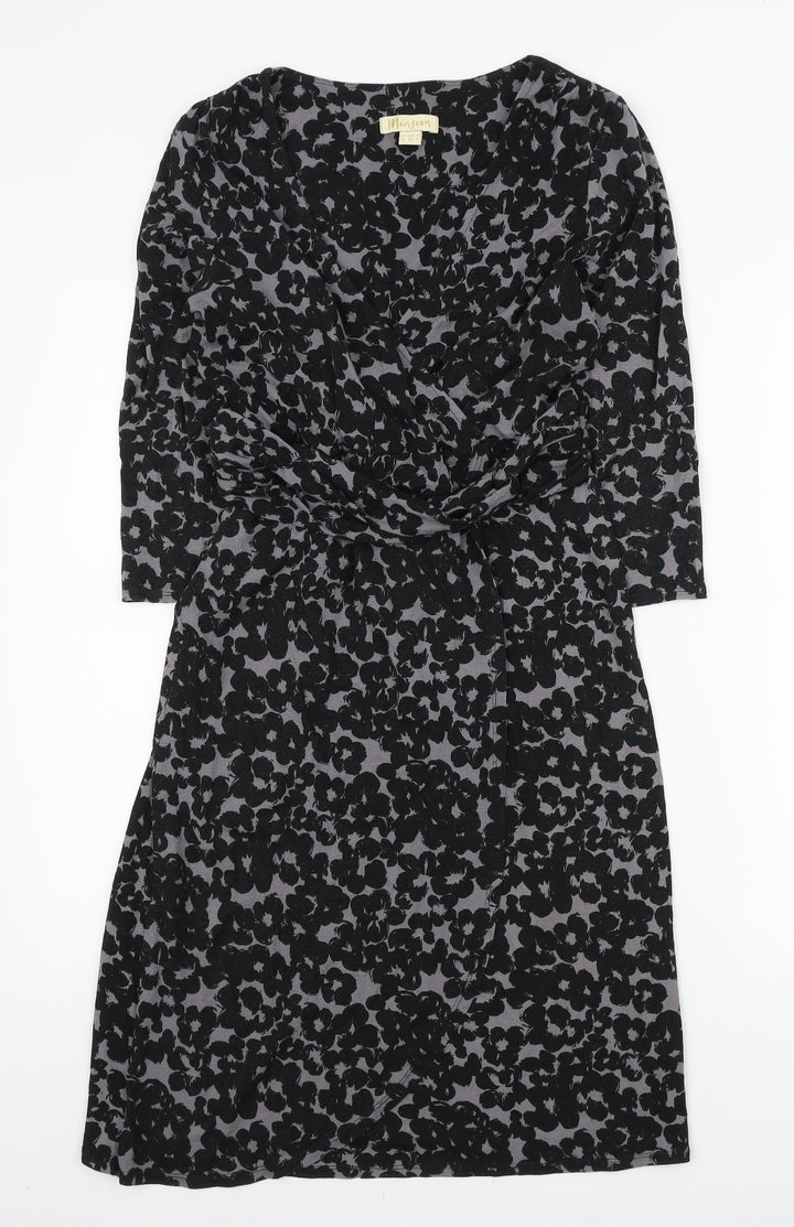 Monsoon Womens Black Floral Viscose Wrap Dress Size 10 V-Neck Tie
