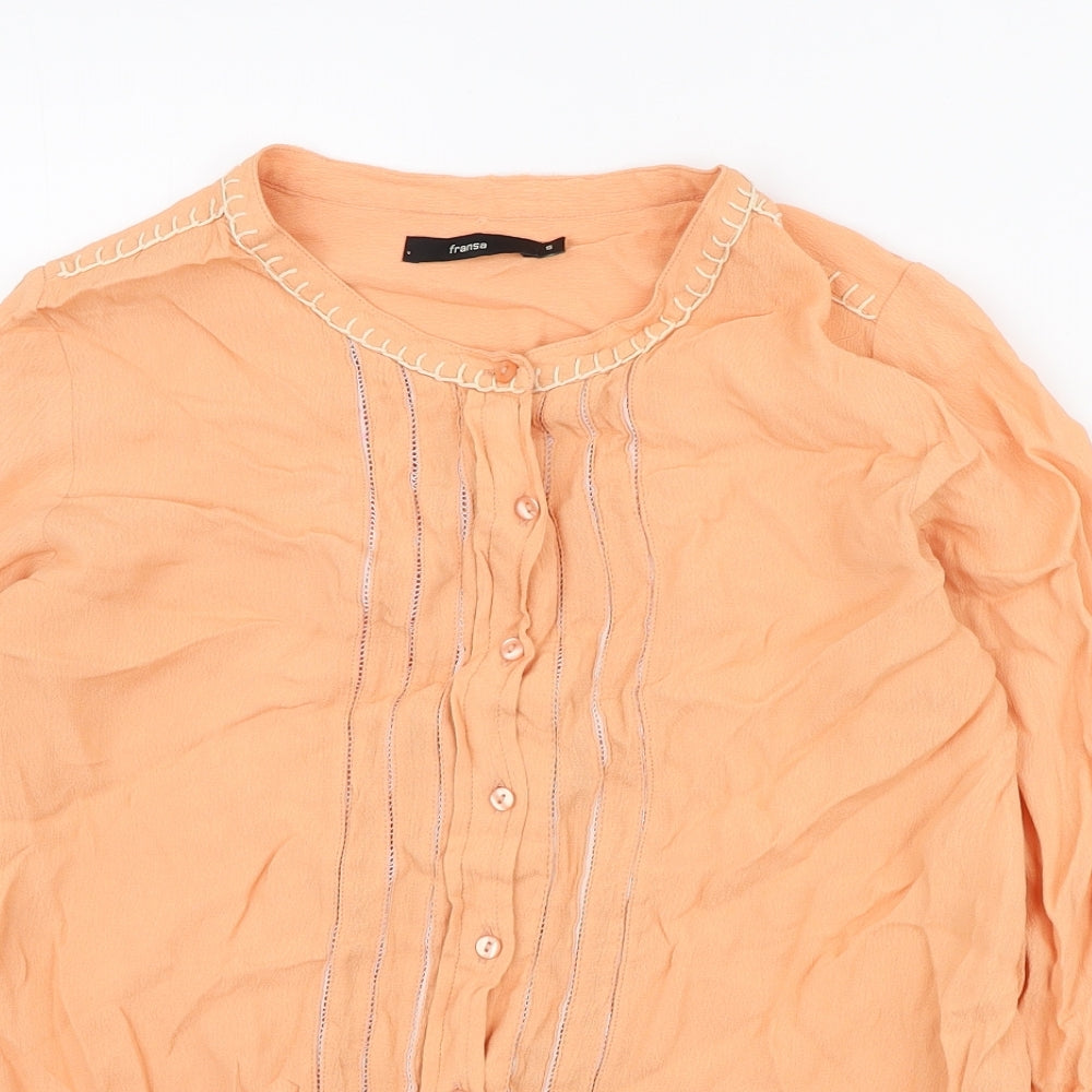 Fransa Womens Orange Viscose Basic Button-Up Size S Round Neck
