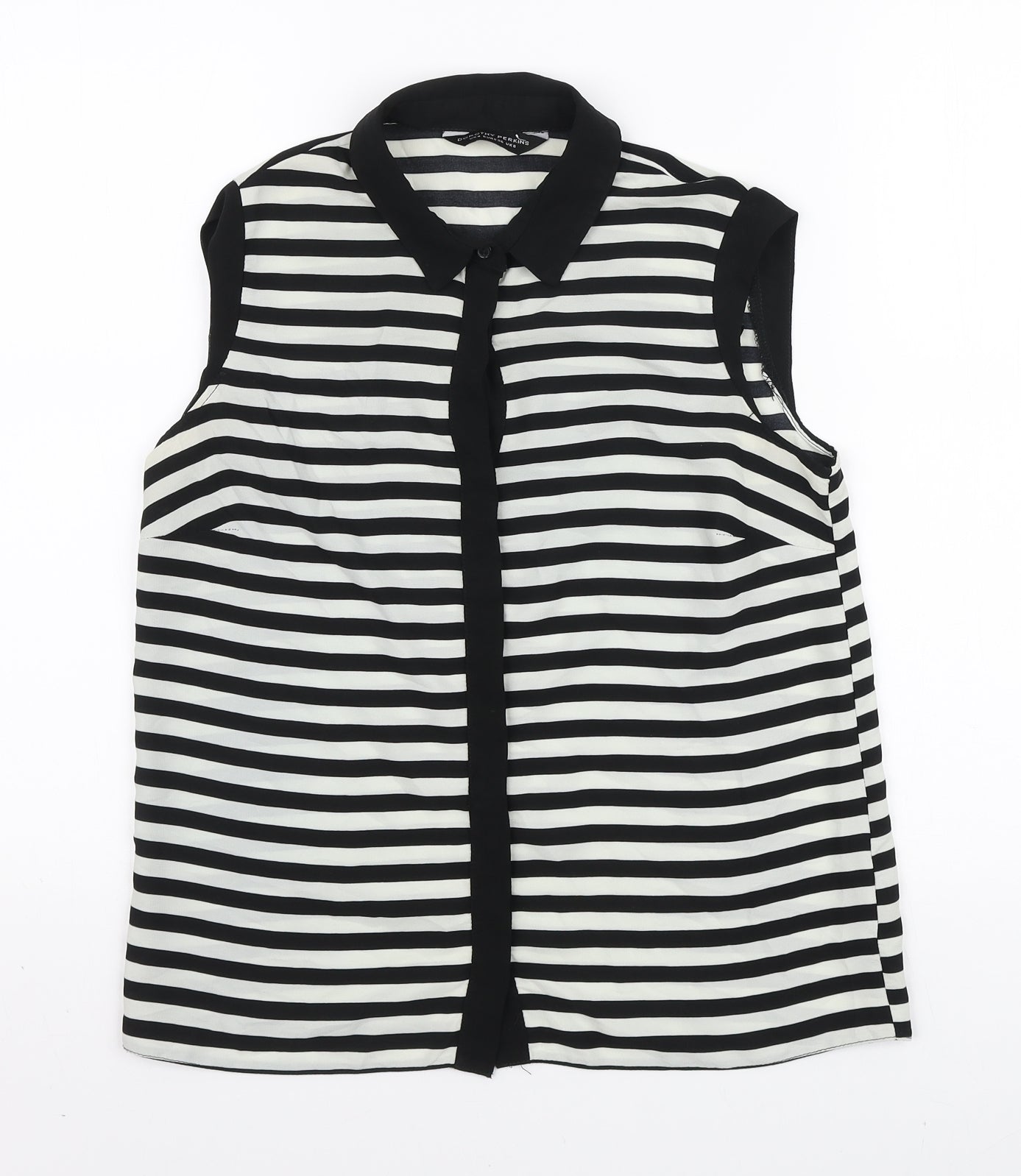 Dorothy Perkins Womens Black Striped Polyester Basic Button-Up Size 8 Collared