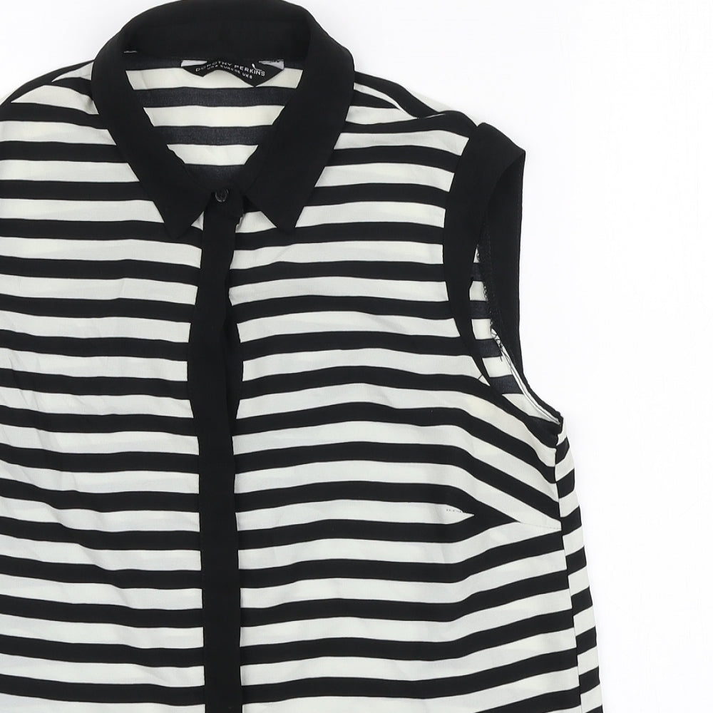 Dorothy Perkins Womens Black Striped Polyester Basic Button-Up Size 8 Collared
