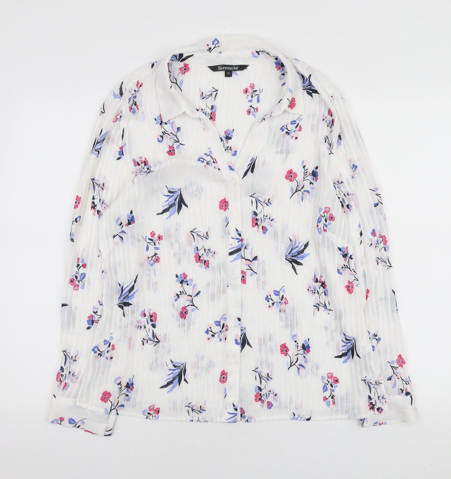 Bonmarché Womens White Floral Polyester Basic Button-Up Size 18 Collared