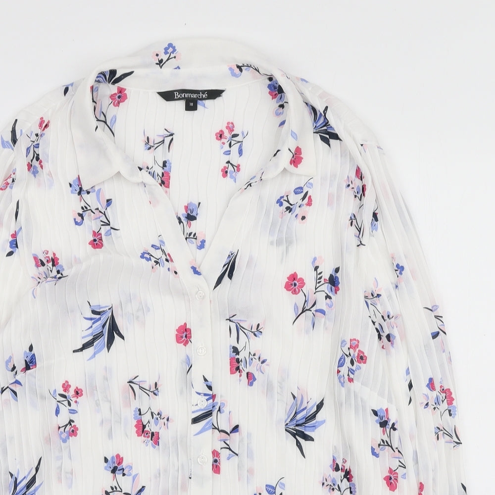 Bonmarché Womens White Floral Polyester Basic Button-Up Size 18 Collared