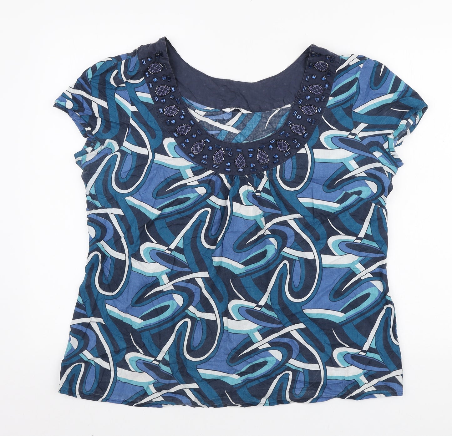 M&Co Womens Blue Geometric Cotton Basic T-Shirt Size 18 Scoop Neck