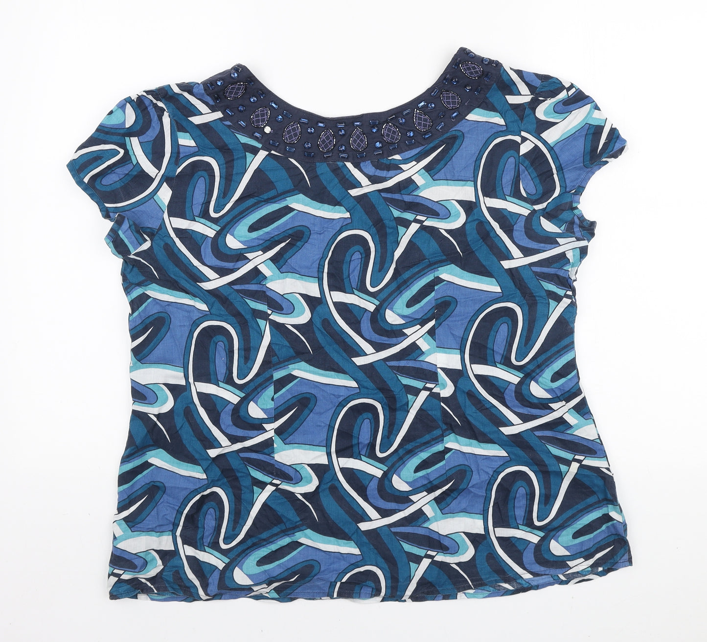 M&Co Womens Blue Geometric Cotton Basic T-Shirt Size 18 Scoop Neck