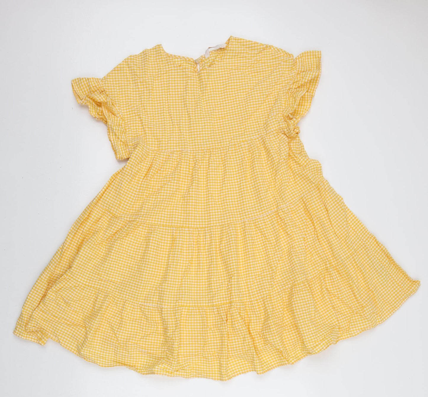Zara Womens Yellow Gingham Cotton Mini Size S Round Neck Button