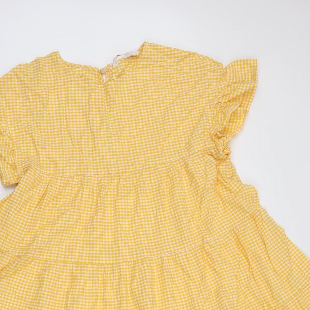 Zara Womens Yellow Gingham Cotton Mini Size S Round Neck Button