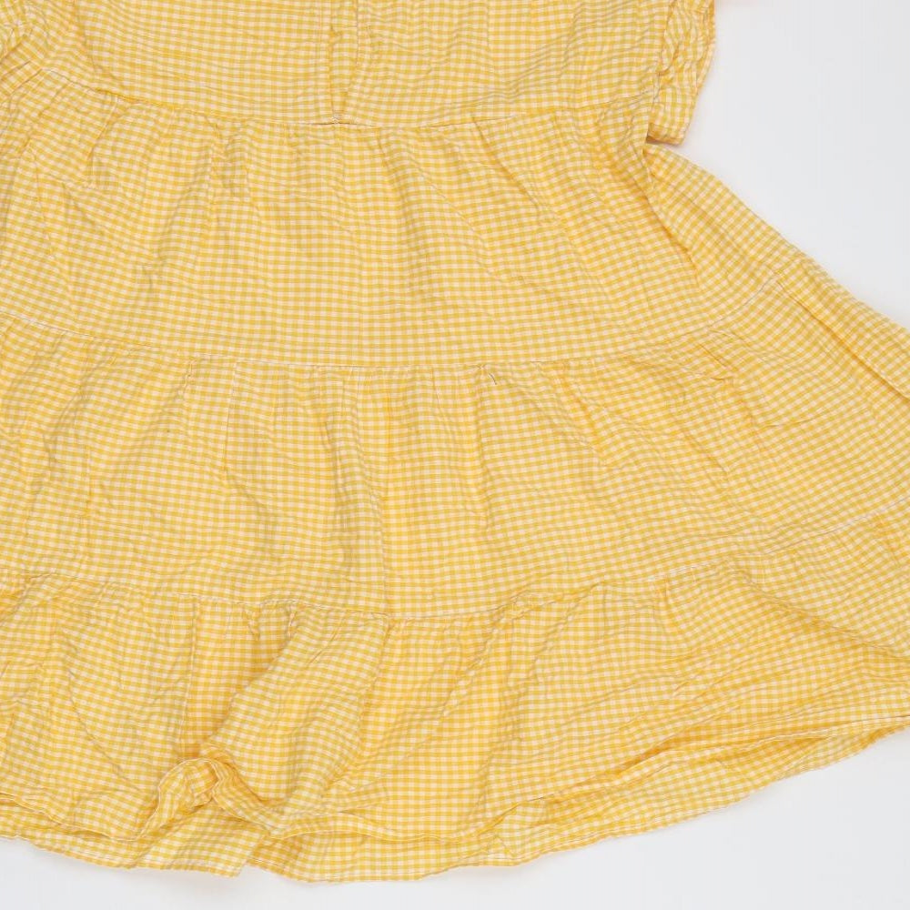 Zara Womens Yellow Gingham Cotton Mini Size S Round Neck Button