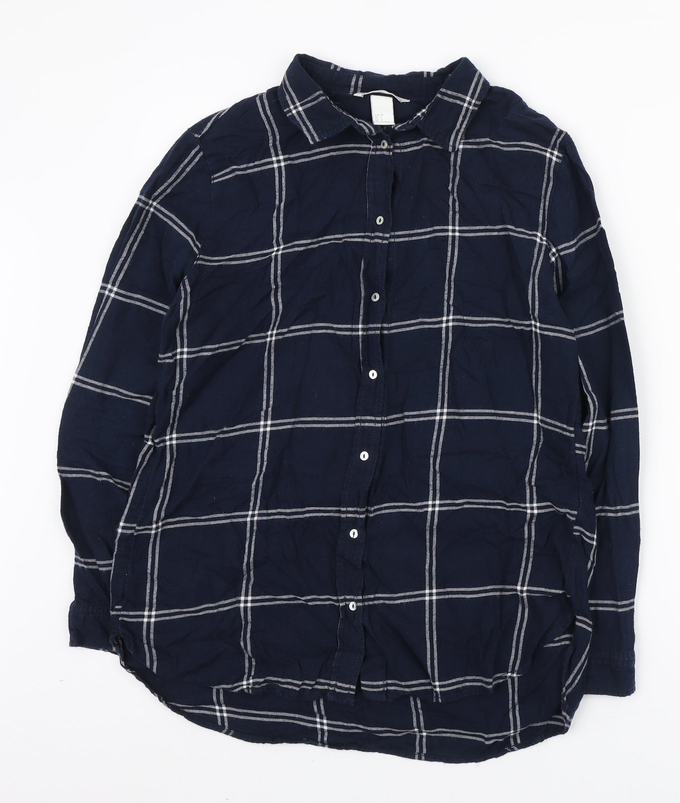 H&M Womens Blue Check Cotton Basic Button-Up Size S Collared