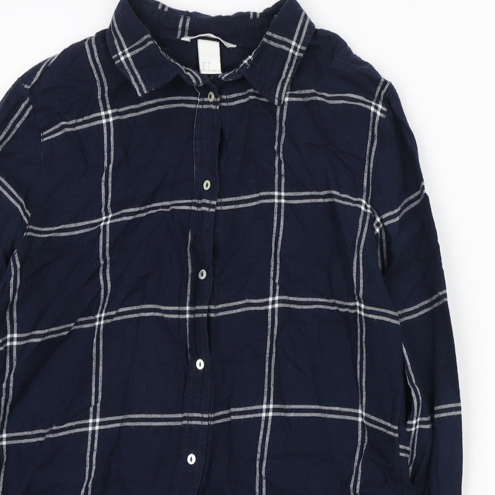 H&M Womens Blue Check Cotton Basic Button-Up Size S Collared
