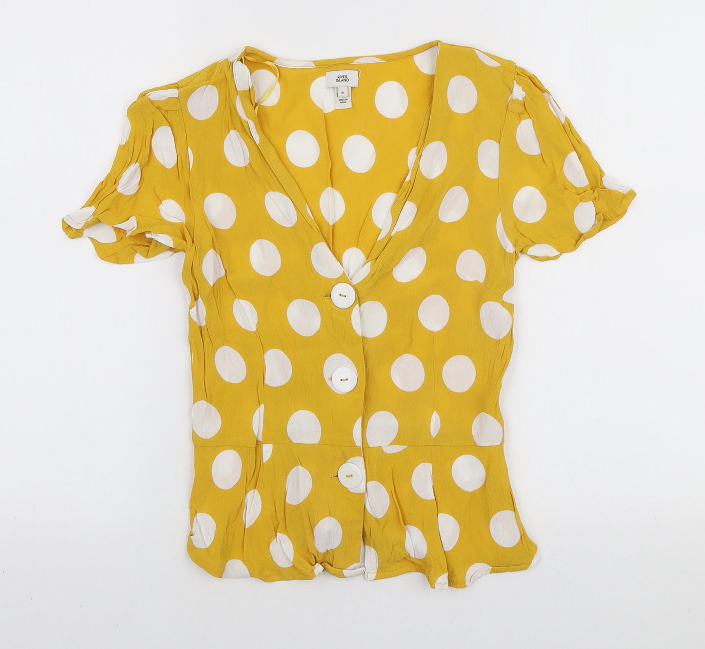 River Island Womens Yellow Polka Dot Viscose Basic Blouse Size 8 V-Neck