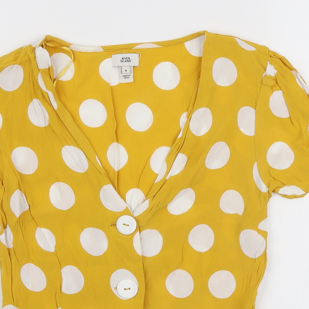 River Island Womens Yellow Polka Dot Viscose Basic Blouse Size 8 V-Neck