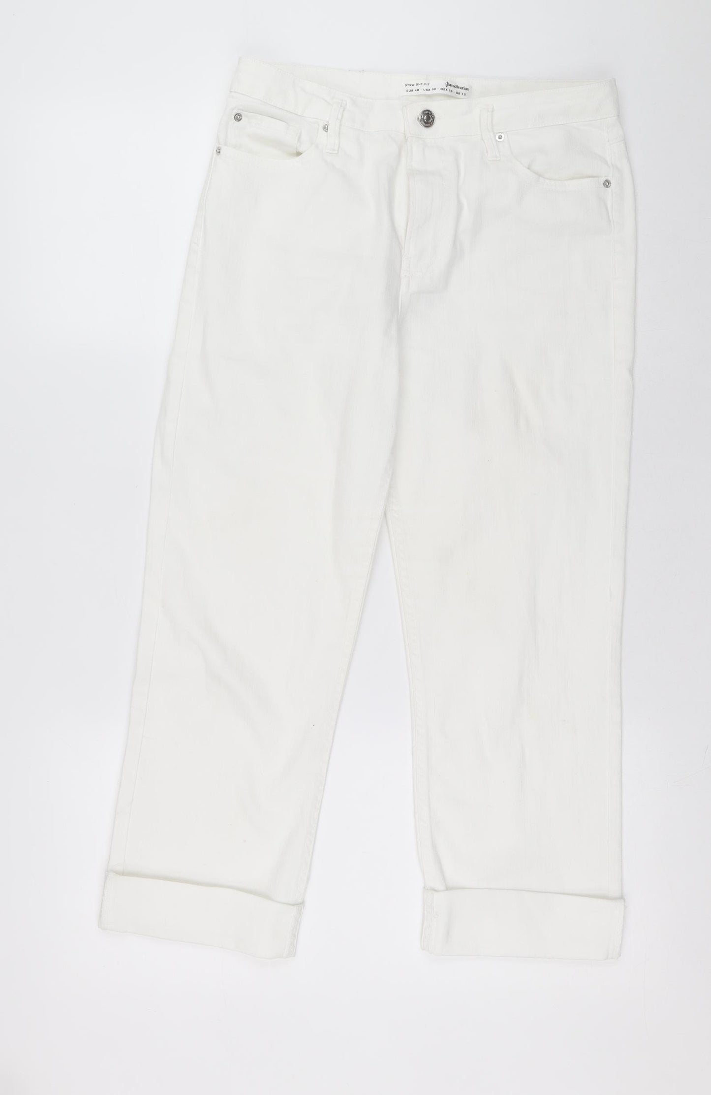Stradivarius Womens White Cotton Wide-Leg Jeans Size 12 L22 in Regular Zip