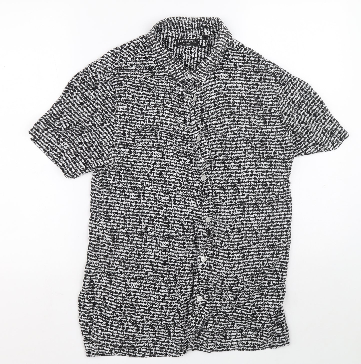 Brave Soul Womens Black Geometric Viscose Basic Button-Up Size L Collared