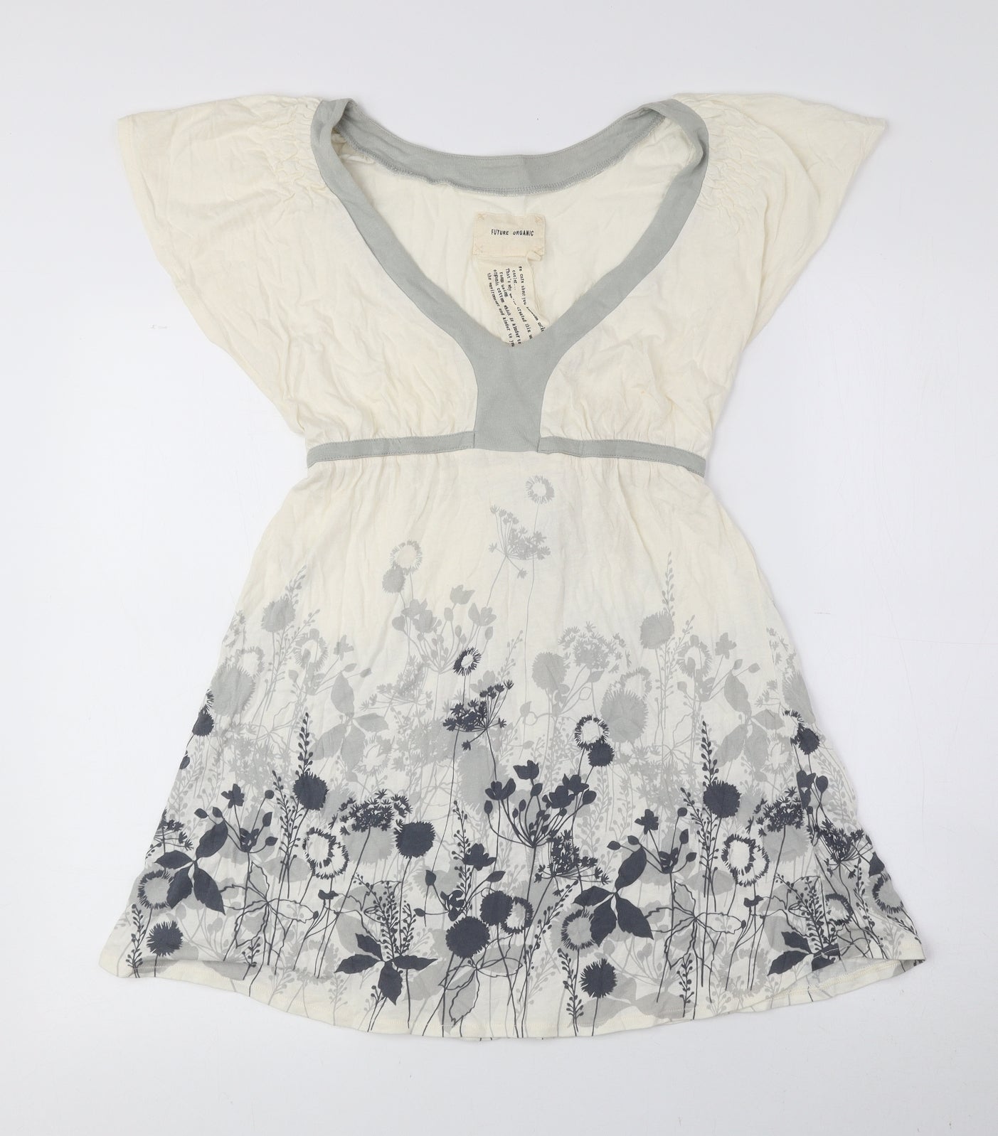 Oasis Womens Ivory Floral 100% Cotton Basic Blouse Size 12 V-Neck - Tie String