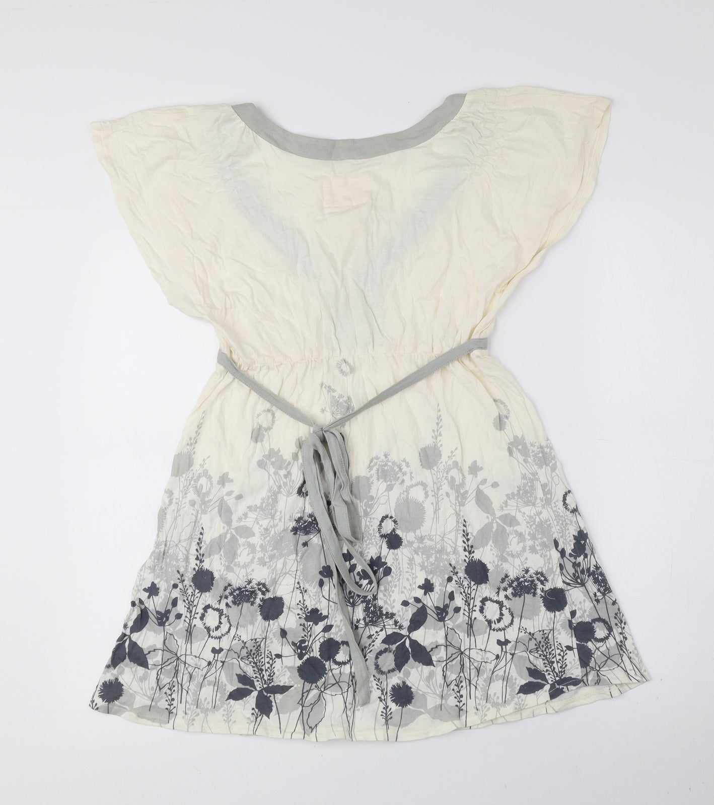 Oasis Womens Ivory Floral 100% Cotton Basic Blouse Size 12 V-Neck - Tie String