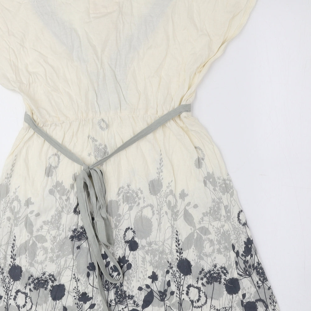 Oasis Womens Ivory Floral 100% Cotton Basic Blouse Size 12 V-Neck - Tie String