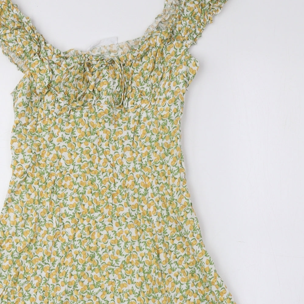 Primark Womens Multicoloured Floral Viscose Mini Size 10 Off the Shoulder Pullover - Lemons