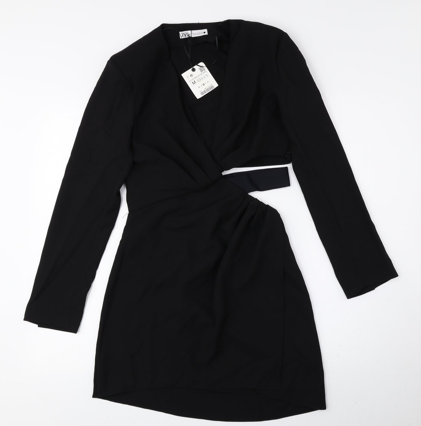 Zara Womens Black Polyester A-Line Size 10 V-Neck Zip - Cut Out, Shoulder Pads