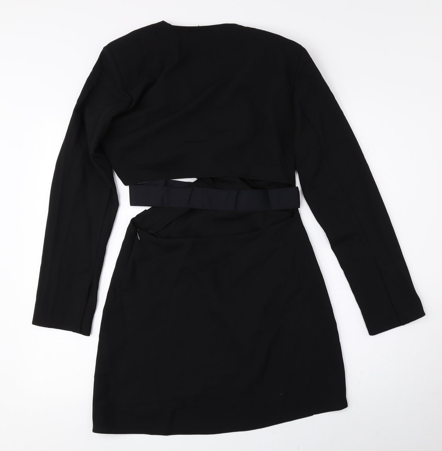 Zara Womens Black Polyester A-Line Size 10 V-Neck Zip - Cut Out, Shoulder Pads
