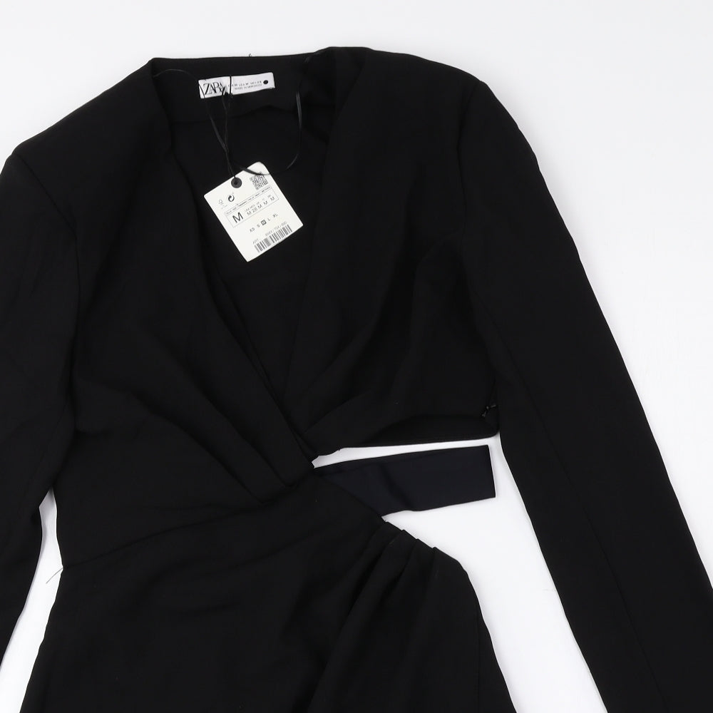 Zara Womens Black Polyester A-Line Size 10 V-Neck Zip - Cut Out, Shoulder Pads