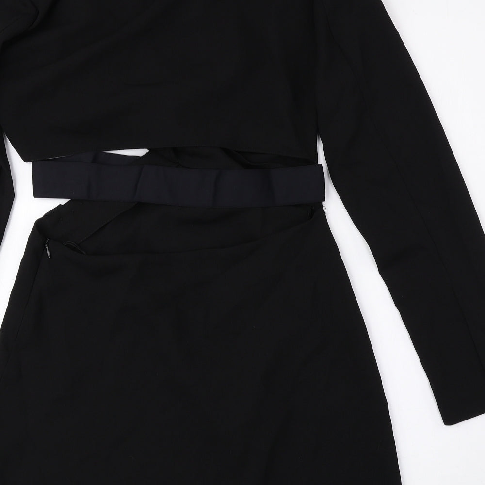Zara Womens Black Polyester A-Line Size 10 V-Neck Zip - Cut Out, Shoulder Pads