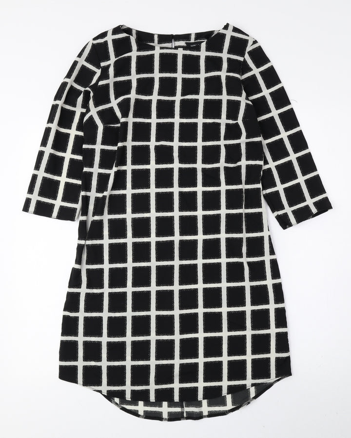 New Look Womens Black Check Polyester A-Line Size 8 Round Neck Button