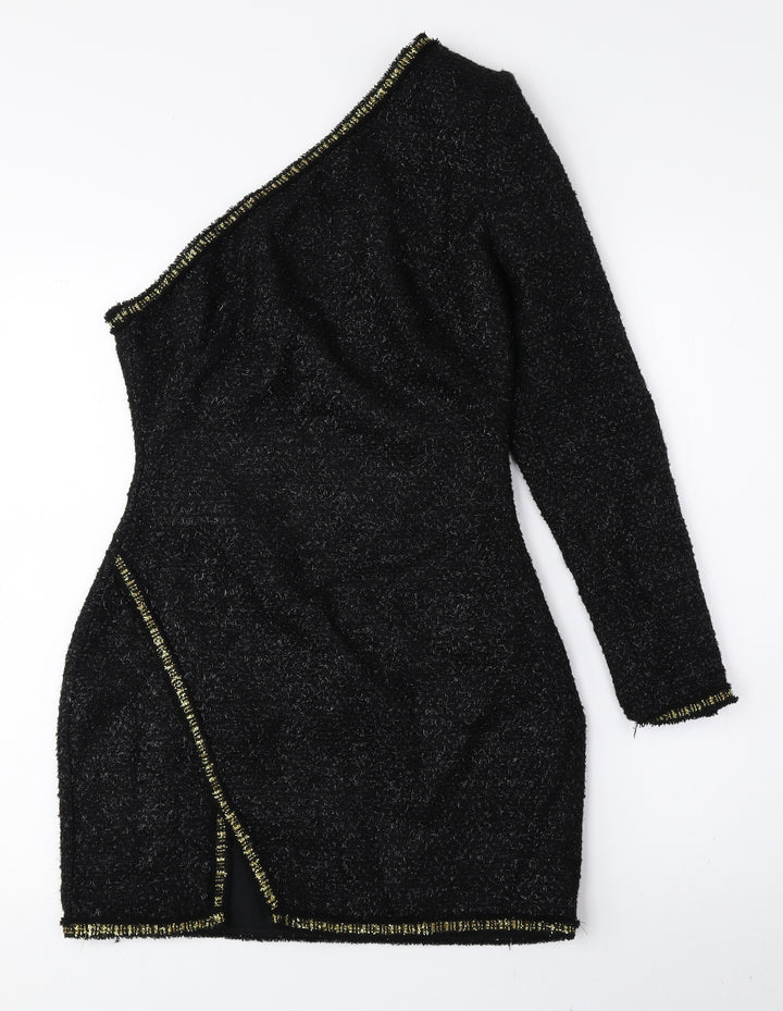 Zara Womens Black Acrylic Bodycon Size 4 One Shoulder Zip