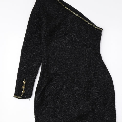 Zara Womens Black Acrylic Bodycon Size 4 One Shoulder Zip