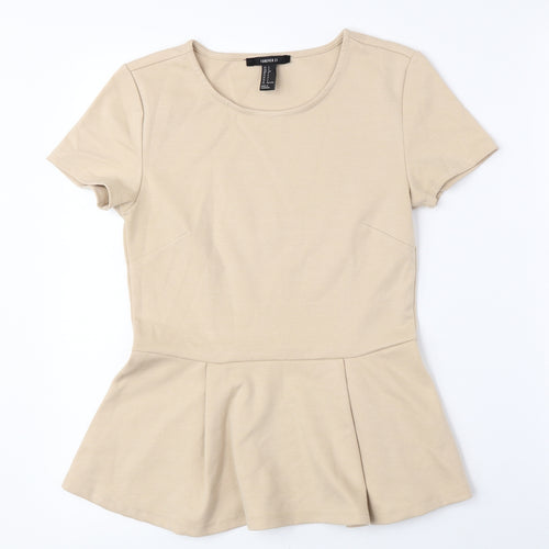FOREVER 21 Womens Beige Polyester Basic Blouse Size S Crew Neck