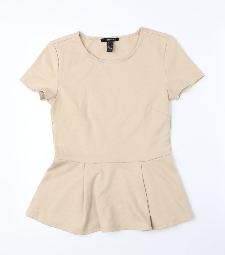 FOREVER 21 Womens Beige Polyester Basic Blouse Size S Crew Neck