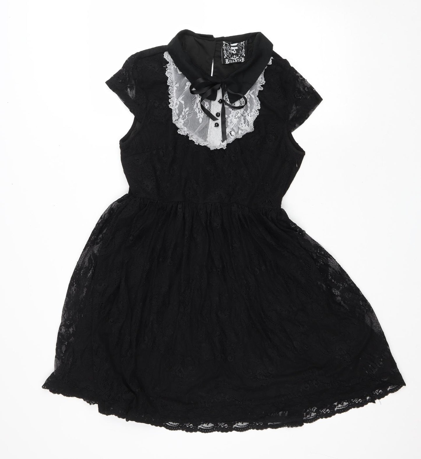 KILLSTAR Womens Black Nylon Fit & Flare Size XL Collared Button - Lace Trim