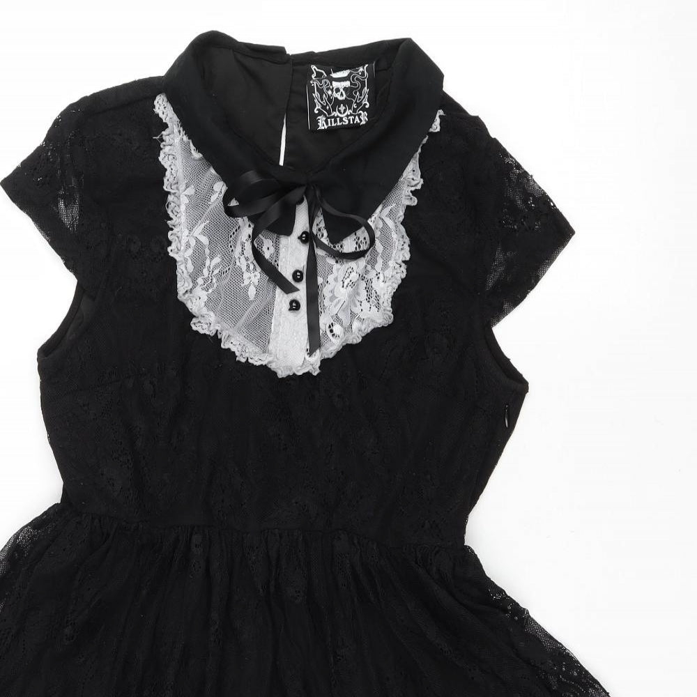 KILLSTAR Womens Black Nylon Fit & Flare Size XL Collared Button - Lace Trim
