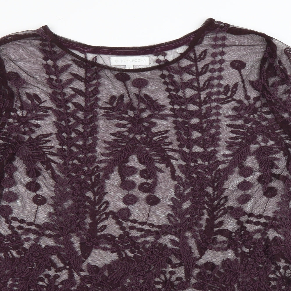 Debenhams Womens Purple Floral Polyester Basic T-Shirt Size 14 Round Neck
