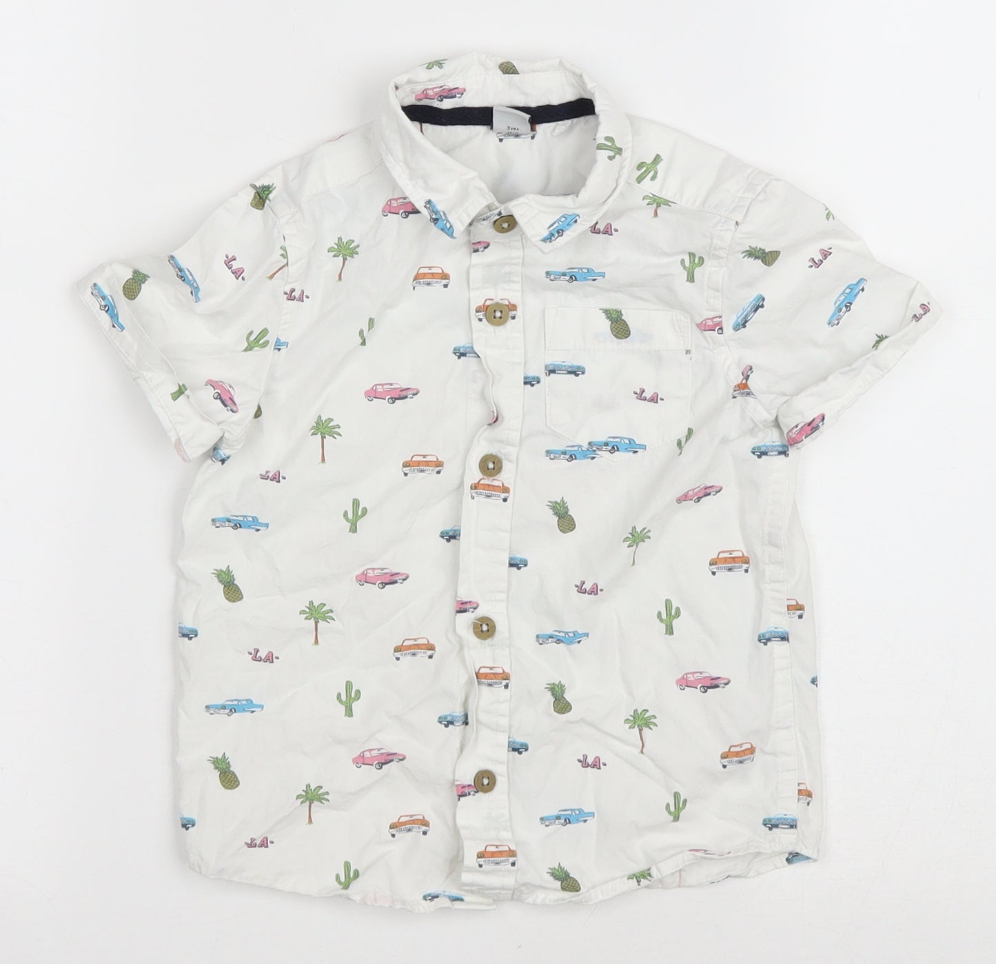 TU Boys White Geometric Cotton Basic Button-Up Size 3 Years Collared Button - L.A. Cars