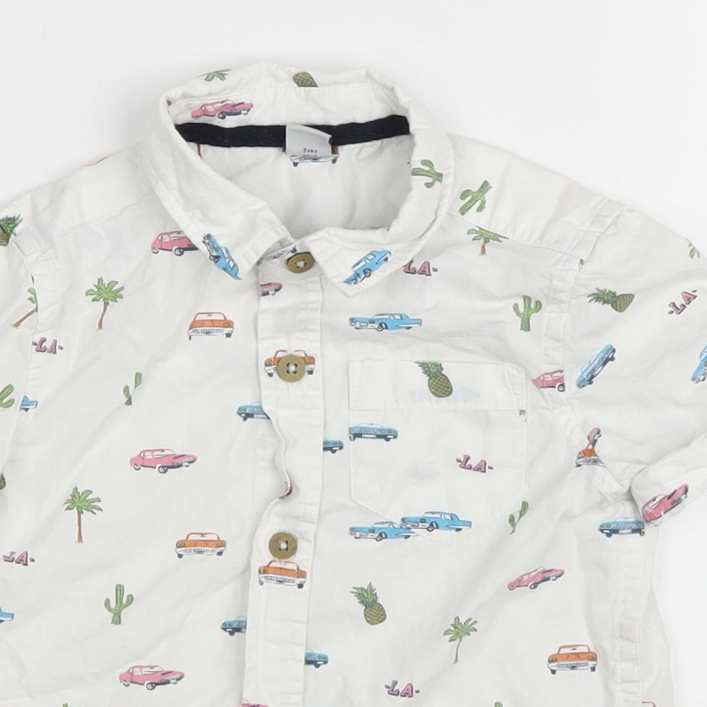 TU Boys White Geometric Cotton Basic Button-Up Size 3 Years Collared Button - L.A. Cars